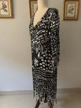 Vintage Black Silk Sequin Beaded Flapper Dress Silver Paillettes Zigzag Hem M